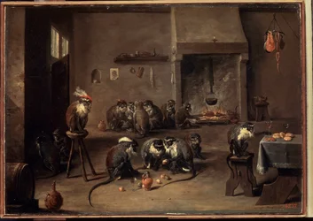 Aber i køkkenet. Maleri af David Teniers den yngre (1610-1690). Olie på lærred, 36 x 50,5 cm, ca. 1640. Flamsk kunst, barokkunst. Eremitagemuseet, Sankt Petersborg.
