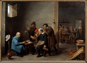 Manden med den hvide hat Gruppe mænd, der ryger pibe på en kro. Maleri af David Teniers II den unge (1610-1690)