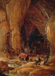 Vagabonds and Washerwomen in Cave, af David Teniers II (1610-1690)