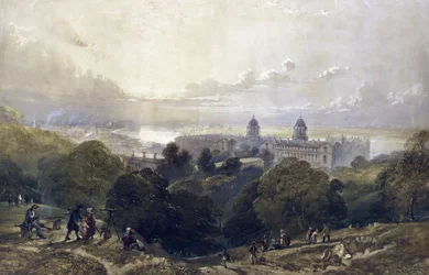 Udsigt over Greenwich (England), en sommeraften, fra parkens højder, bagved ses Londons skyline