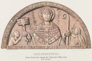 Tympaan van Egmond: buetromme med Petrus, grev Dirk VI af Holland og hans mor grevinde Petronella, ca. 1120 Skulptur. Sten over indgangen til Egmonder Abdy kirke (1100-tallet) (titel på objekt)