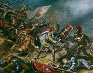 Et maleri forestiller Richard III, der kæmper til fods på Bosworth Field. Kunstværk.