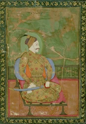 58.2025A Portræt af Sultan Abdullah Qutb Shah siddende, Golconda, 1670, (gouache på papir med guld- og blomsterguldmønstret kant)