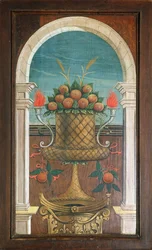 Frugtkurv, maleri af Defendente Ferrari (1480 eller 1485-1540) på den bagerste del af koret fra det 16. århundrede, Church of Saint Jerome, Biella. Italien