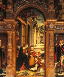 Fødselskirken, detalje fra altertavlen fra det 16. århundrede, af Defendente Ferrari (1480 eller 1485-1540), Abbey of St Anthony of Ranverso, Buttigliera Alta, Italien