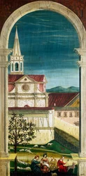 Perspektiv malet af Defendente Ferrari (1480 eller 1485-1540), på den bagerste del af det 16. århundredes kor, Church of Saint Jerome, Biella. Italien