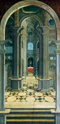 Perspektiv malet af Defendente Ferrari (1480 eller 1485-1540), på den bagerste del af det 16. århundredes kor, Church of Saint Jerome, Biella. Italien
