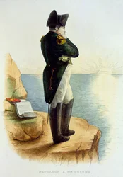 Napoleon på øen Sankt Helena, illustration fra Le Plutarque Francais af E. Mennechet, graveret af Delaistre, 1835