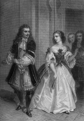 Stykket Misantropen af Moliere: Alceste, Celimene, Eliante, Philinte stik af Delannoy efter en tegning af G. Staal (1870)