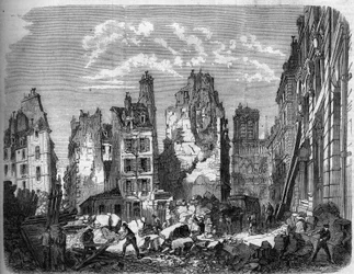 Transformationer af Paris under det andet imperium, Haussmann Paris. Ødelæggelse af en del af Ile de la Cité til udvidelse af Hotel Dieu, gravering efter en