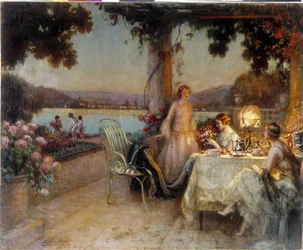 Om aftenen på terrassen. Maleri af Delphin Enjolras (1857-1945), Obligatorisk omtale: Samlingsstiftelsen angår de Provence. Marseille (cm 57x73) DR