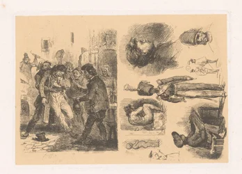 Gruppe af mænd, ved siden af ​​en komposition inklusive en soldat croquis; Scener af revolutionen