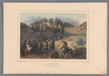 Gruppesoldat trækker døren til en åbning i de palisade, 1832 Caponier, palisaderet værk foran halvmånen (titel på objekt) Tegninger lavet af livet ved belejringen af ​​Citadellet i Antwerpen af ​​Raffet (serietitel på objekt)