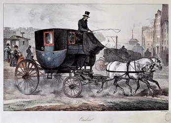 Offentlig transport i det 19. århundrede: en kabine i gaderne i Paris (farvet indgravering)
