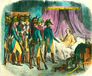 Anholdelsen af Louis Antoine Henri de Bourbon, hertug af Enghien (1772-1804), mistænkes uden bevis for at have lagt sammensvær mod den første konsul Napoleon Bonaparte. Gravering af Denis Auguste Raffet (1804-1860) 1800-tallet. Privat samling