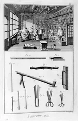 Bundmagerbutik med muffeforede vægge og skind hængt fra spærene, 1751-1777