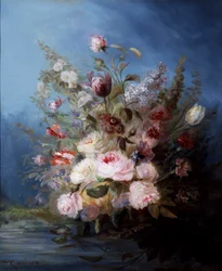 Stilleben. Blomsterbuket ved vandet med roser og tulipaner. Maleri af Denis Pierre Bergeret (1846-1910) Privat samling.