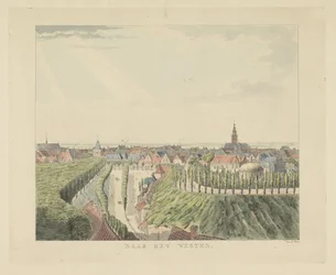 Nijmegen, udsigt fra Belvédère mod vest Mod vest (titel på objekt) Seværdigheder omkring byen Nijmegen (serietitel) Geldersch panorama eller rund udsigt over livet tegnet på belvedere i Nymegen (serietitel)