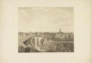 Nijmegen, udsigt fra Belvédère mod vest Mod vest (titel på objekt) Seværdigheder omkring byen Nijmegen (serietitel) Geldersch panorama eller rund udsigt over livet tegnet på belvedere i Nymegen (serietitel)