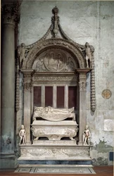 Graven af ​​Carlo Marsuppini (1399-1453), den florentinske republiks kansler, udført af Desiderio da Settignano (ca. 1430-1464), cirka 1453. Firenze, Chiesa di Santa Croce