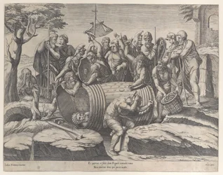 Marcus Atilius Regulus i en tønde, mens to mænd hamrer sømmene i, diverse fi..., 1555-77.