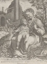 Den hellige familie i Egypten, med Joseph som tømrer i baggrunden..., [1577], genudgivet 1774.