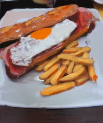 Bocata con huevo y patatas fritas, 2018 (akrylmaling på printet foto)