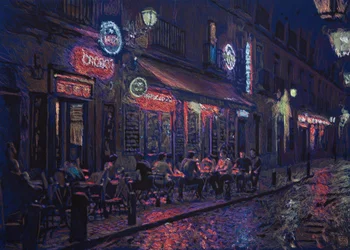 Calle y bar madrileño, 2025 (akryl, blæk og blyant på stof)
