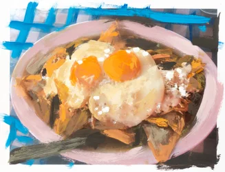 Chilaquiles con pollo y huevo, 2018 (akrylmaling på printet foto)