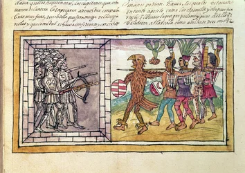 Codex Durán: Pedro de Alvarado (ca. 1485-1541), våbenfælle til Hernando Cortés (1485-1547), belejret af aztekiske krigere