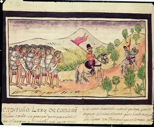 Fol.204v Totonac-indianerne hjælper conquistadorerne med at transportere materialer, 1579