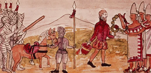 Fol. 208v Møde mellem Hernando Cortes (1485-1547) og Montezuma (1466-1520), miniature fra Diego Durans „Indianernes historie“, 1579 (detalje af 227180)