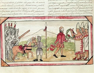 Fol.208v Møde mellem Hernando Cortes (1485-1547) og Montezuma (1466-1520), miniature fra 