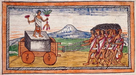 Aztekerne transporterer sten for at bygge deres byer, strækker akvarel fra History of the Indies af Diego Duran (1537-1588), manuskript, folio 188 recto
