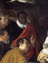 De hellige tre kongers tilbedelse. Detalje af de vise kongers hoveder. Maleri af Diego Velázquez (1599-1660)
