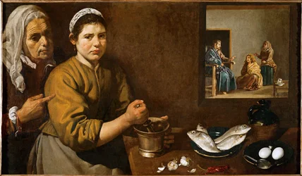 Køkkenscene med Kristus i huset hos Martha og Maria, Lazarus
