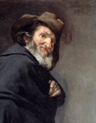 Menippe (Detalje). Portræt Menippe de Sinope, græsk digter og filosof fra den kyniske skole, efter at have levet mellem det 4. og 3. århundrede f.Kr. Maleri af Diego Rodriguez de Silva y Velasquez (1599-1660)