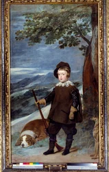 Portræt i jagtdragt af prins Baltasar Carlos af Spanien (1629-1646), søn af kong Philip IV. Maleri af Diego Velasquez (1599-1660) 1635 Søn. 1,91x1,03 m Madrid, Musee du Prado - Portræt af prins Baltasar Carlos af Spanien (1629-1646), kong Filip IV
