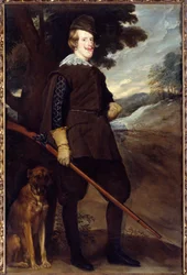 Portræt af Filip IV (1605-1665), konge af Spanien i jagtdragt på 30 år. Maleri af Diego Rodriguez de Silva y Velasquez (1599-1660)