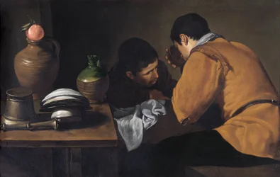 To unge mænd spiser ved et ydmygt bord ca. 1618-20 (olie på lærred)