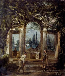 Villa Medicis i Rom, Cleopatra Pavillon eller "The Pavillion of Ariane"". Udsigt over haverne ved Villa Medicis i Rom. Maleri af Diego Rodriguez de Silva og Velasquez (1599-1660)