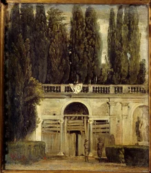Villa Medicis i Rom, to mænd ved indgangen til loggiaens hule under opførelse Udsigt over Villa Medicis haver. Maleri af Diego Velasquez (1599-1660), omkring 1649 Søn. 0,48x0,42 m Madrid, Prado-museet
