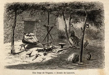 En sigøjner-smedje i regionen Walachia, Rumænien. Gravering til illustration af rejsen fra Paris til Bukarest af Lancelot, tegner, i 1860, offentliggjort i "Le tour du monde, nouveau journal des voyages", under ledelse af Edouard Charton