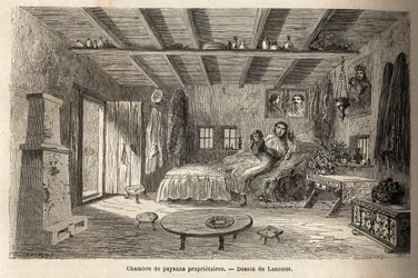 Et hus af ejere bønder, i nærheden af Orezu (Walachia-regionen, Rumænien). Gravering til illustration af rejsen fra Paris til Bukarest af Lancelot, tegner, i 1860, offentliggjort i "Le tour du monde, nouveau journal des voyages", under ledelse af o
