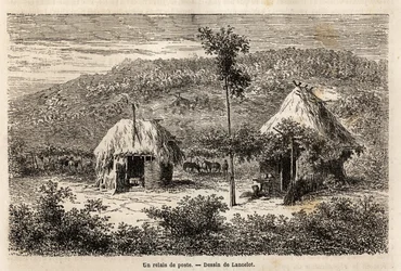 En poststafet mellem Bukarest og Pitesti. Gravering til illustration af rejsen fra Paris til Bukarest (Rumænien), i 1860, af Lancelot, designer, i "Le tour du monde, nouveau journal des voyages", udgivet under ledelse af Edouard Charton