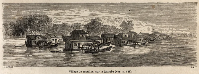 En landsby med møller ved Donau, tegnet af Lancelot, til illustration af Victor Duruys rejse fra Paris til Bukarest i 1860. Indgravering i "" Le tour du monde", redigeret af Edouard Charton