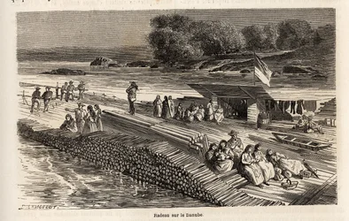 En træflåde på Donau, til transport af varer og mennesker, tegning af Lancelot, for at illustrere Victor Duruys rejse fra Paris til Bukarest i 1860. Indgravering i "" Le tour du monde"", redigeret af Edouard Charton