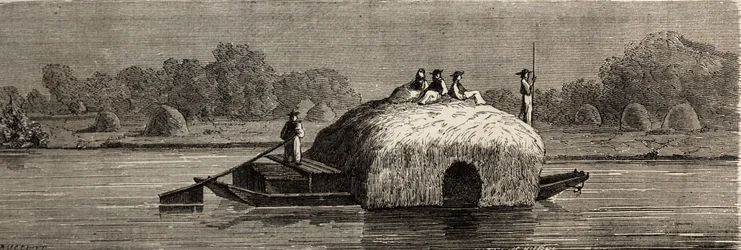 Skæring, høst og transport af foder på Donaus breder. Tegning af Lancelot, for at illustrere hans rejse fra Paris til Bukarest i 1860. Indgravering i "" Le tour du monde"", redigeret af Edouard Charton