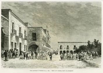 Valladolids kommunale palads. Gravering af Lancelot for at illustrere historien Ma last expedition au Yucatan, af Desire Charnay, i le tour du monde 1887, instrueret af Edouard Charton (1807-1890), Hachette, Paris.