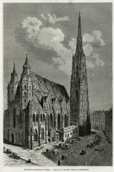 Stephansdom (St. Stephen eller Stephansdom eller St. Stephane eller St. Stephan Kirche) (bygget mellem 1113 og 1147), Wien (Østrig). Gravering af Lancelot, for at illustrere historien Vienne og dens forstæder, af M. Newlinski, i 1881, udgivet i To